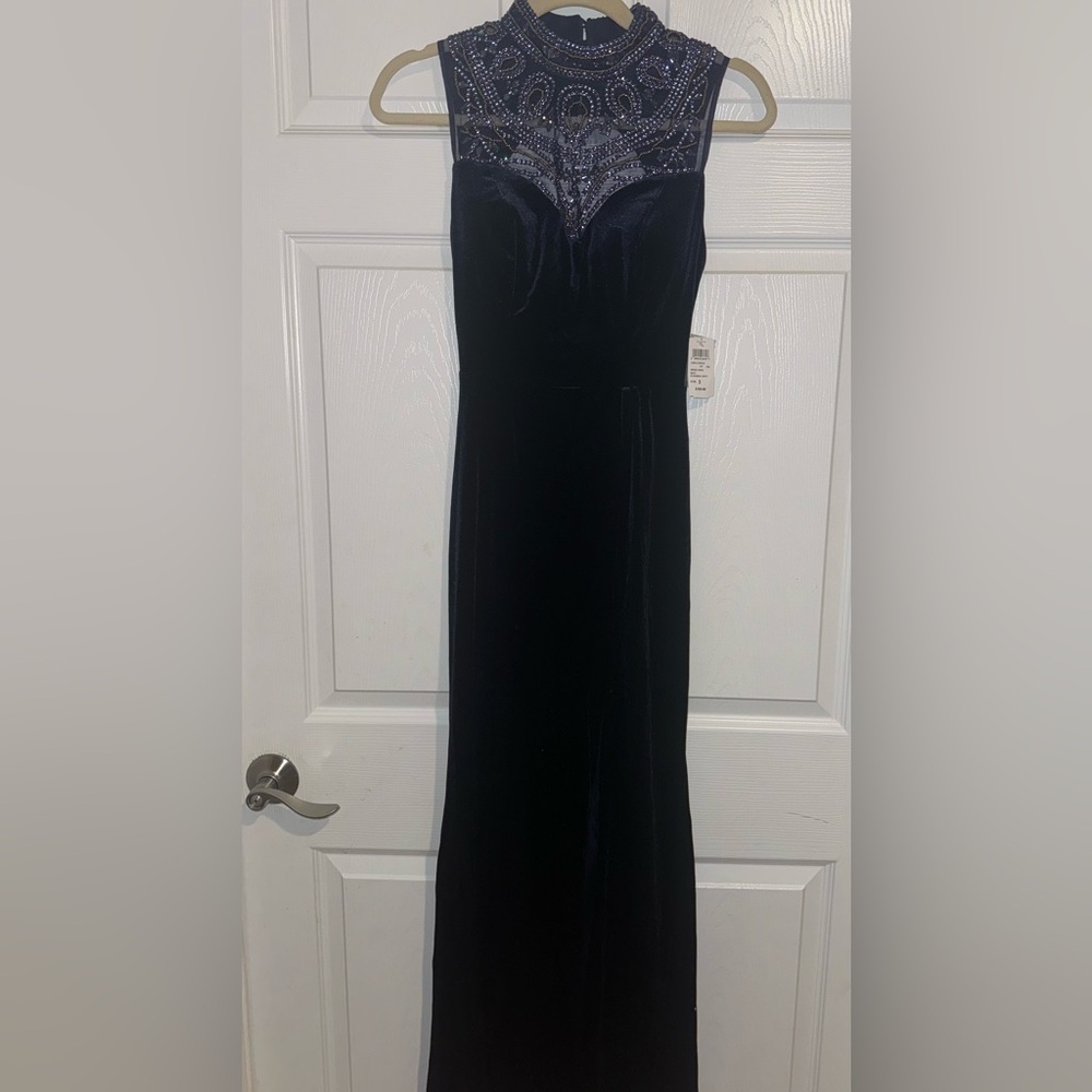 NWT Windsor Navy Velvet Embellished Maxi Dress